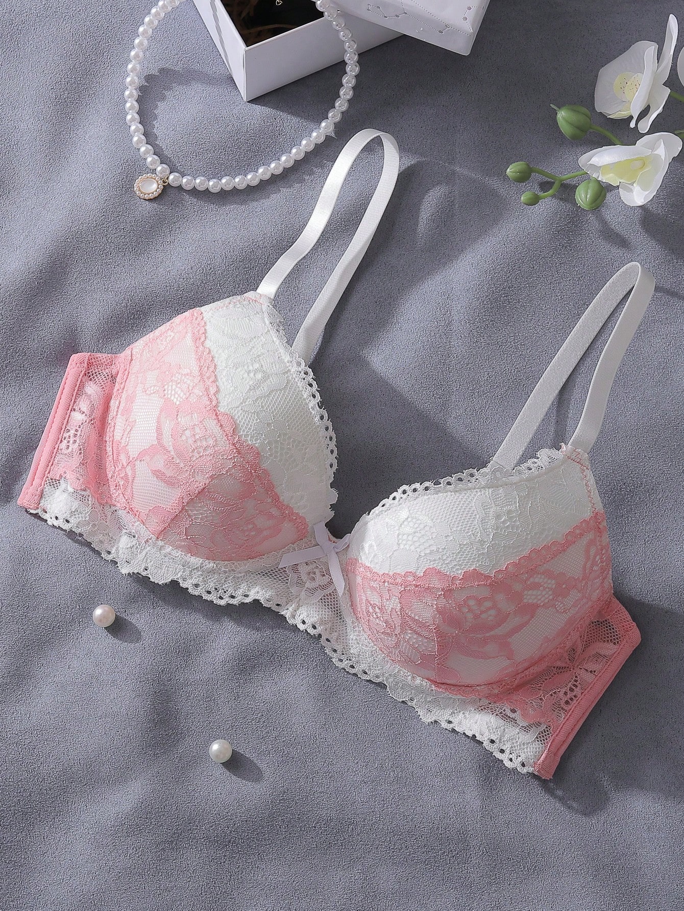Underwire Bra Padded - Pink and White Lace Patchwork Underwire