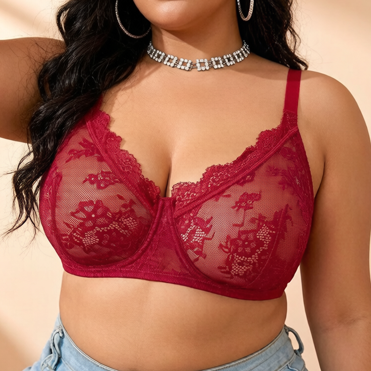 Women Plus Size Red Lace Sheer - Sheer Bra Lace ulasan dan harga