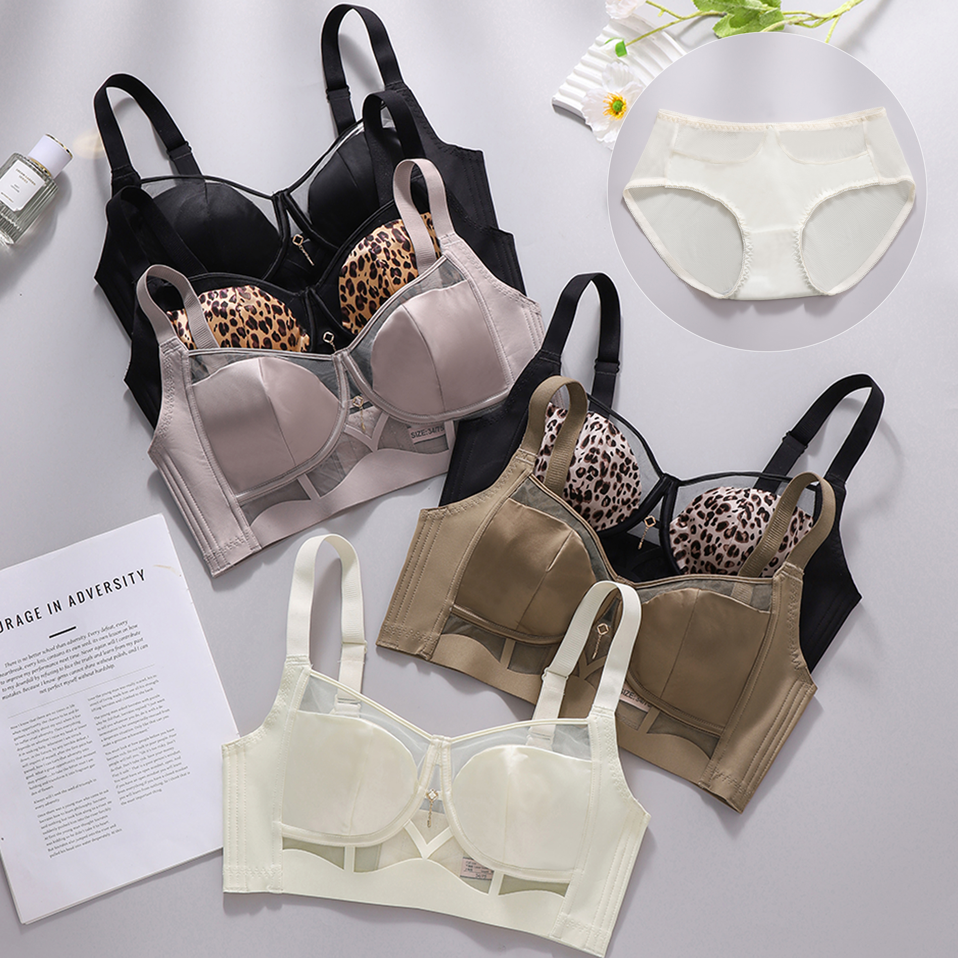 Leopard Lace Rims-Free Bra Set - Cotton Bra Everyday ulasan dan harga