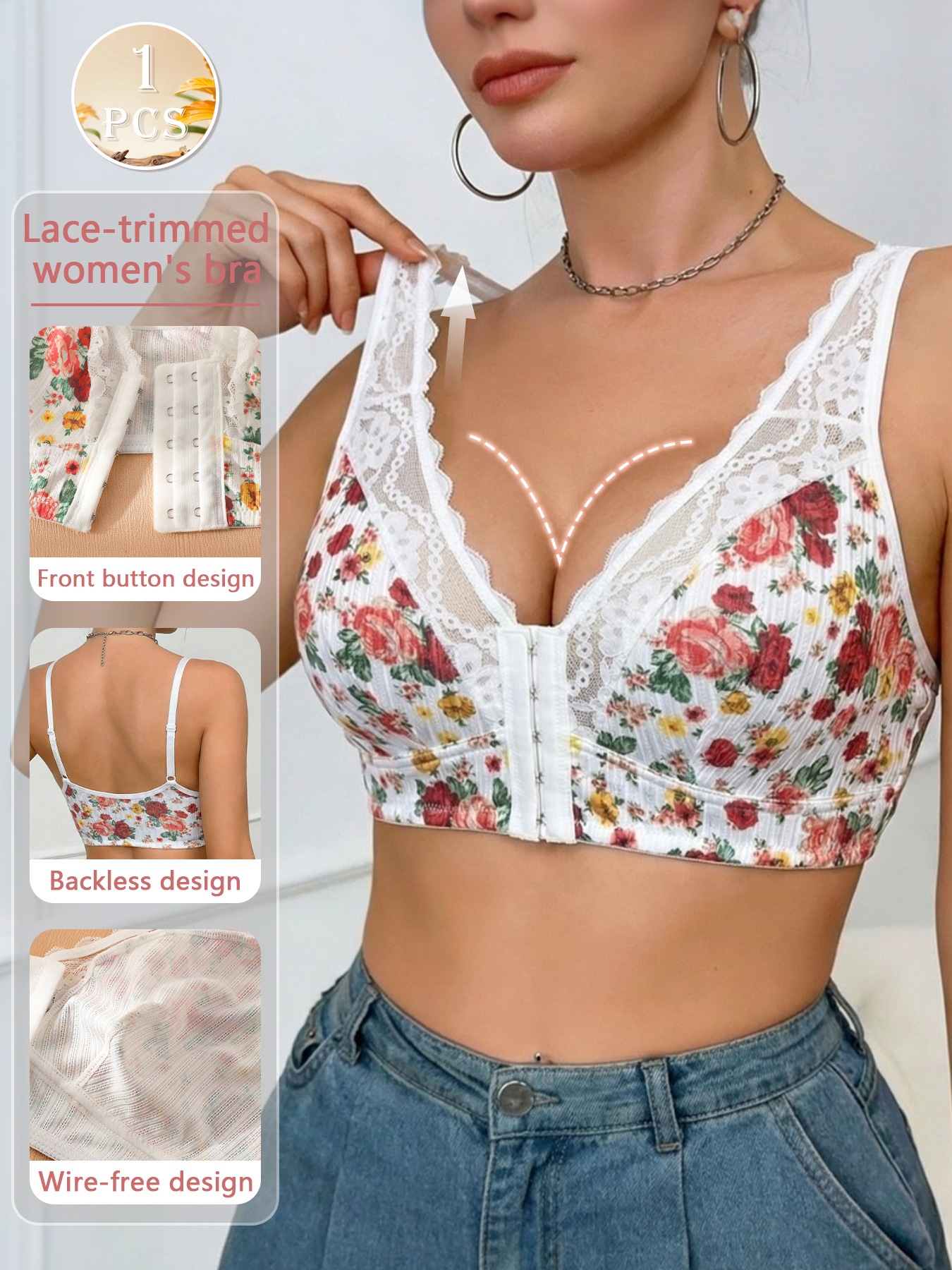 1pc Women's Floral Print Wirel - Wirefree Bra Comfort ulasan dan harga