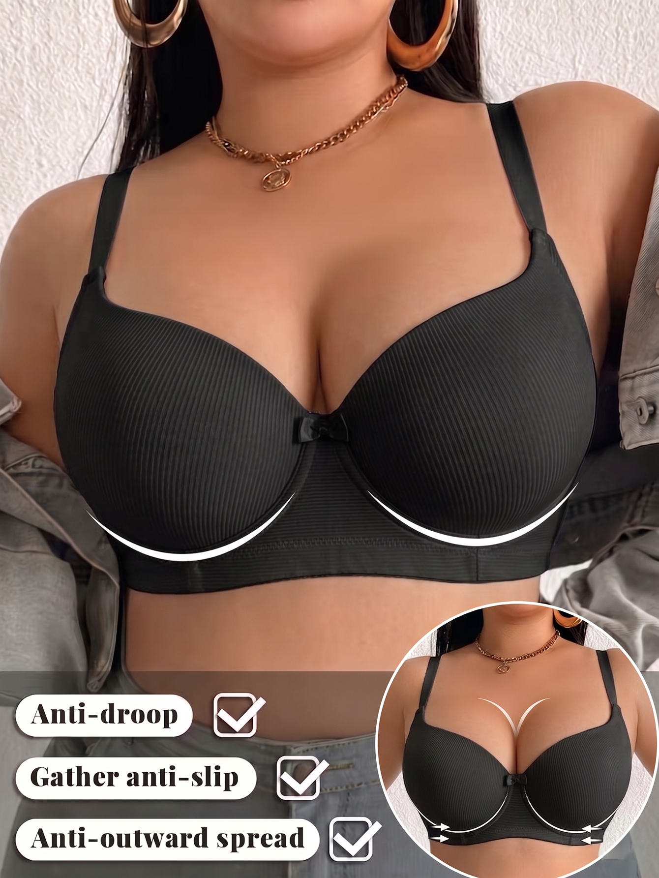 Plus Size Ribbed Women Bra Thi - Plunge Bra Push Up ulasan dan harga