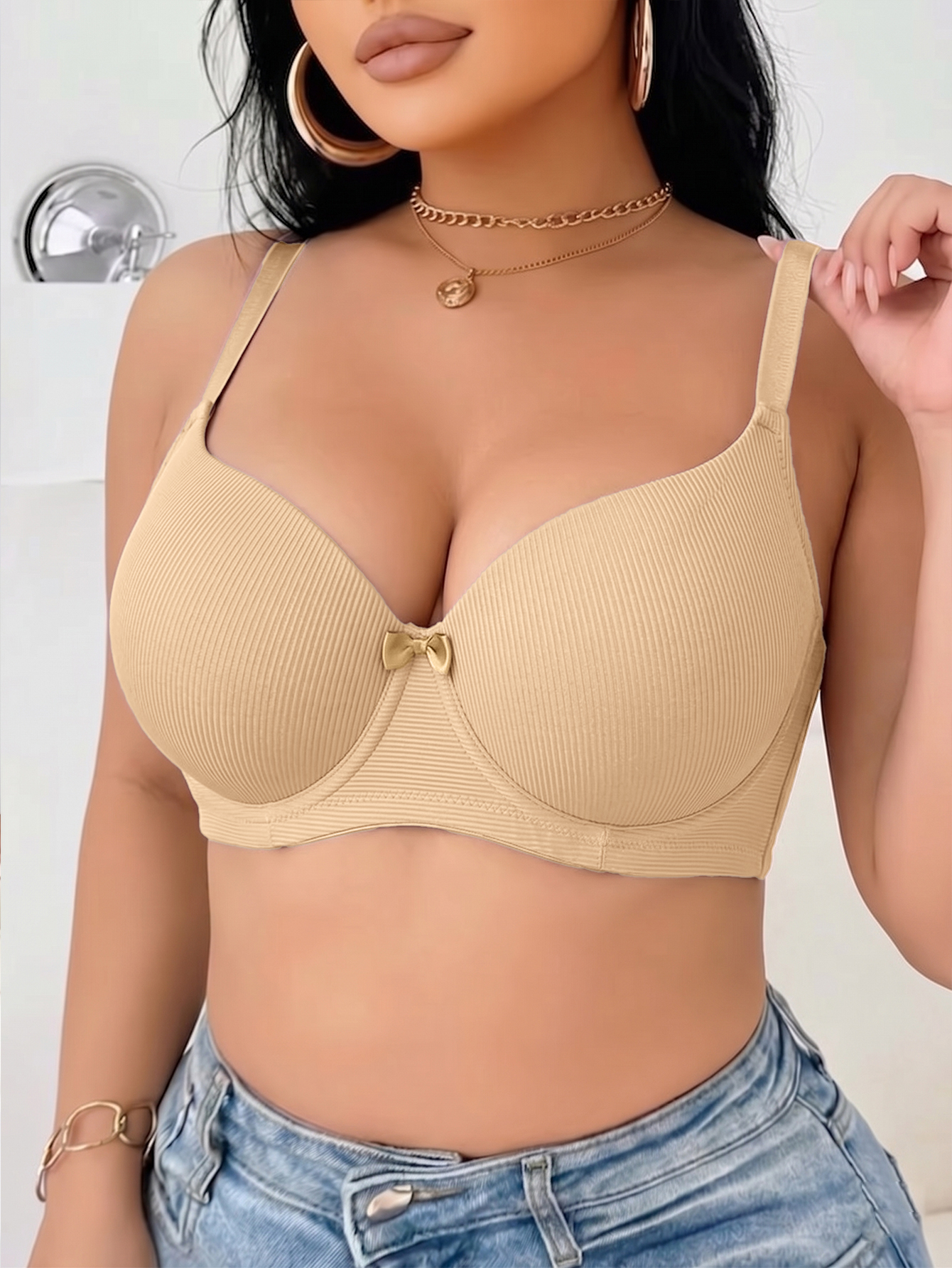 Plus Size Ribbed Women Bra Thi - Plunge Bra Push Up ulasan dan harga